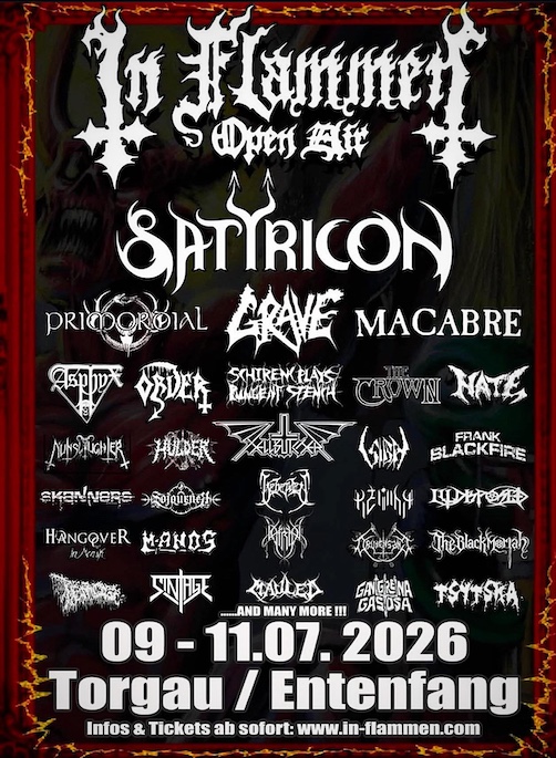 Du betrachtest gerade IN FLAMMEN Open Air 2026 – SATYRICON, GRAVE, MACABRE, PRIMORDIAL …