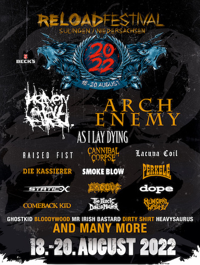 You are currently viewing RELOAD FESTIVAL – Geben Billing bekannt: ARCH ENEMY, HEAVEN SHALL BURN, EXODUS, CANNIBAL CORPSE …