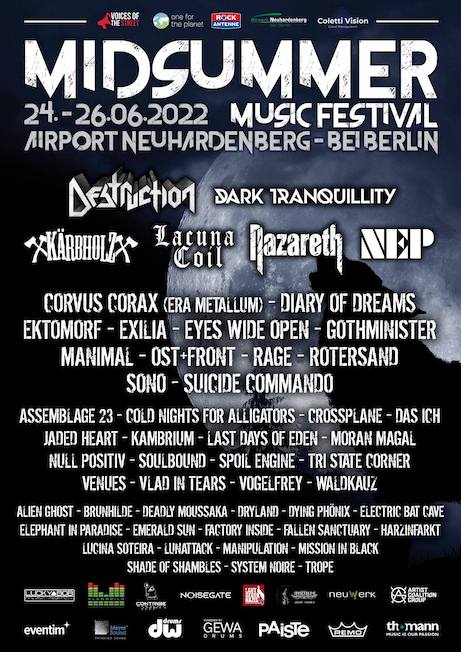 You are currently viewing MIDSUMMER FESTIVAL 2022 – DESTRUCTION, NITZER EBB, LACUNA COIL, NAZARETH u.v.m.