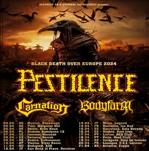 You are currently viewing PESTILENCE, CARNATION, BODYFARM – „Black Death Over Europe Tour 2024“ angekündigt