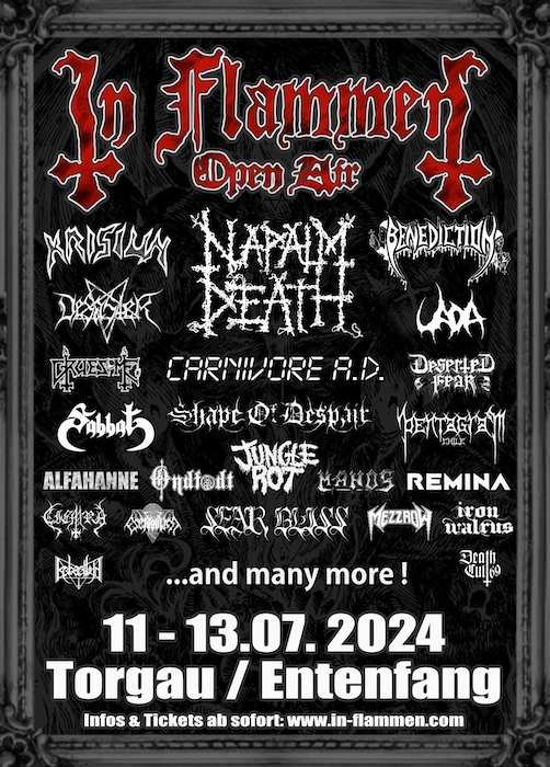 You are currently viewing IN FLAMMEN Open Air  2024 – Linup wird derb: NAPALM DEATH, BENEDICTION, KRISIUN u.v.m.