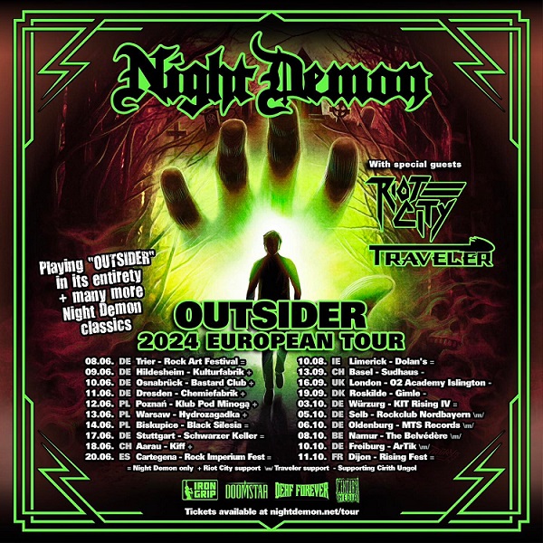 You are currently viewing NIGHT DEMON, RIOT CITY, TRAVELER – „Outsider“ European Tour wird 2024 fortgesetzt