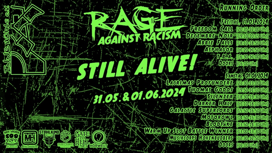 You are currently viewing RAGE AGAINST RACISM 2024 – LACRIMAS PROFUNDERE,  FREEDOM CALL,  DECEMBRE NOIR u.a. angekündigt