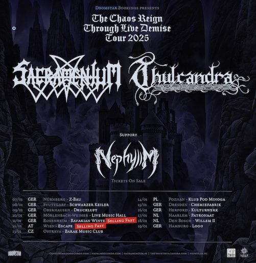 Du betrachtest gerade SACRAMENTUM, THULCANDRA, NEPHYLIM “The Chaos Reign Through Live Demise” Tour 2025 im Januar