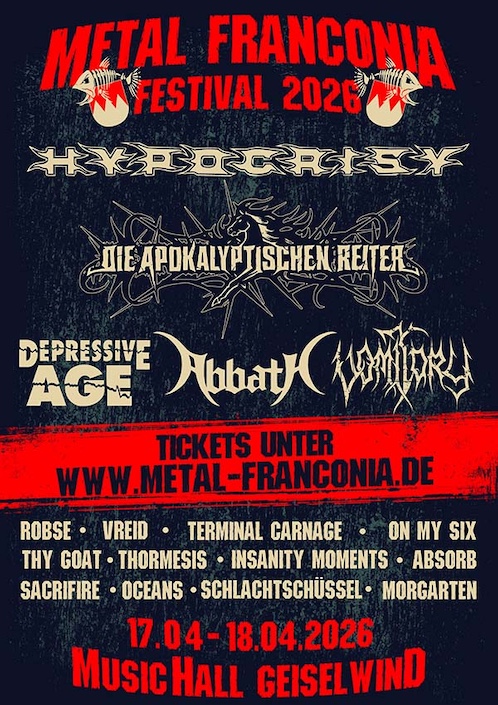 Mehr über den Artikel erfahren Metal Franconia Festival – Line Up für 2026 komplett: HYPOCRISY, DIE APOKALYPTISCHEN REITER, ABBATH …