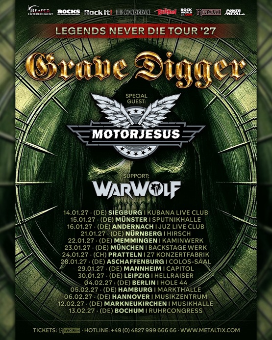 Du betrachtest gerade GRAVE DIGGER, MOTORJESUS, WARWOLF – „Legends Never Die“ Tour 2027