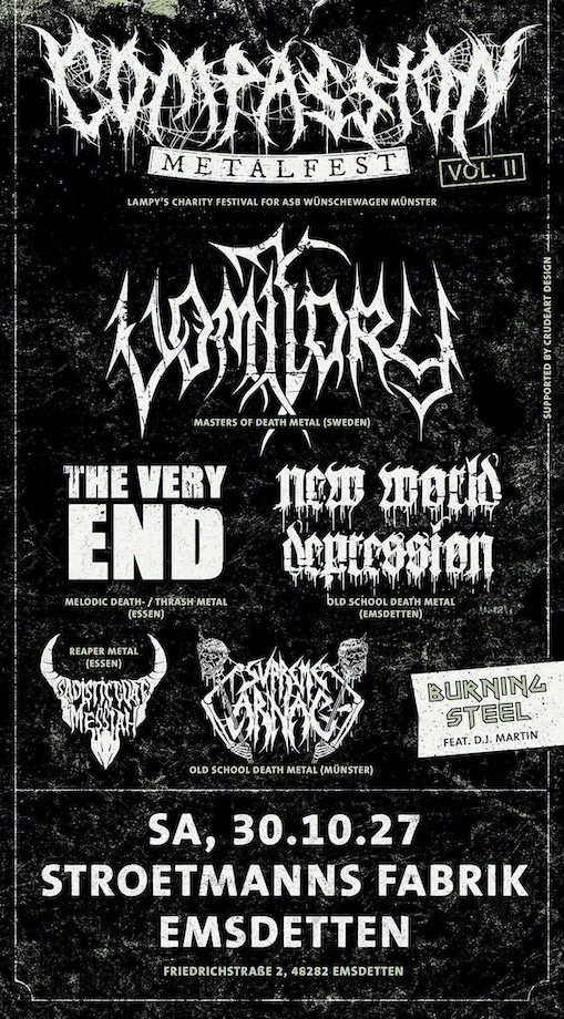 Du betrachtest gerade Compassion Metalfest – Charity Festival geht in die nächste Runde mit VOMITORY, THE VERY END …