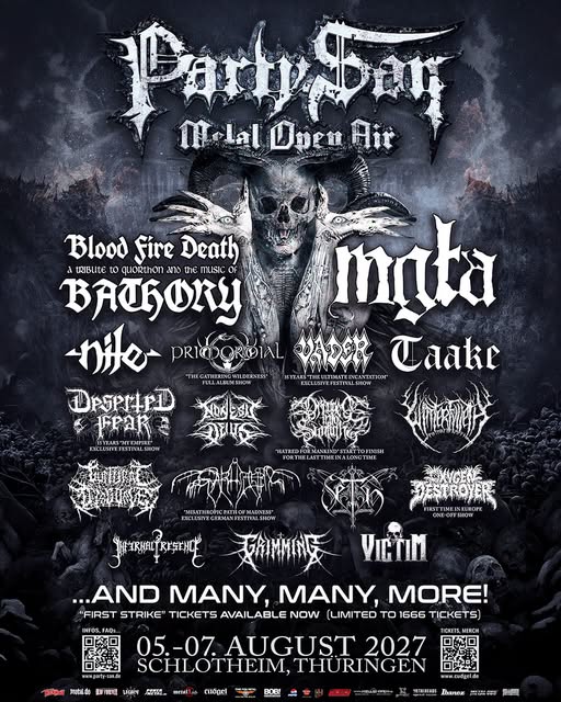 Du betrachtest gerade PARTY SAN OPEN AIR 2027 – Erste Bandwelle rollt: PRIMORDIAL, NILE, BLOOD FIRE DEATH, MGŁA, VADER, DESERTED FEAR…