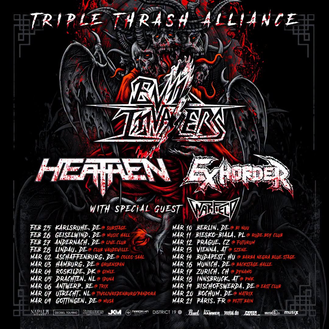 Du betrachtest gerade EVIL INVADERS, HEATHEN, EXHORDER – „Triple Thrash Alliance“ Tour kommt 2027